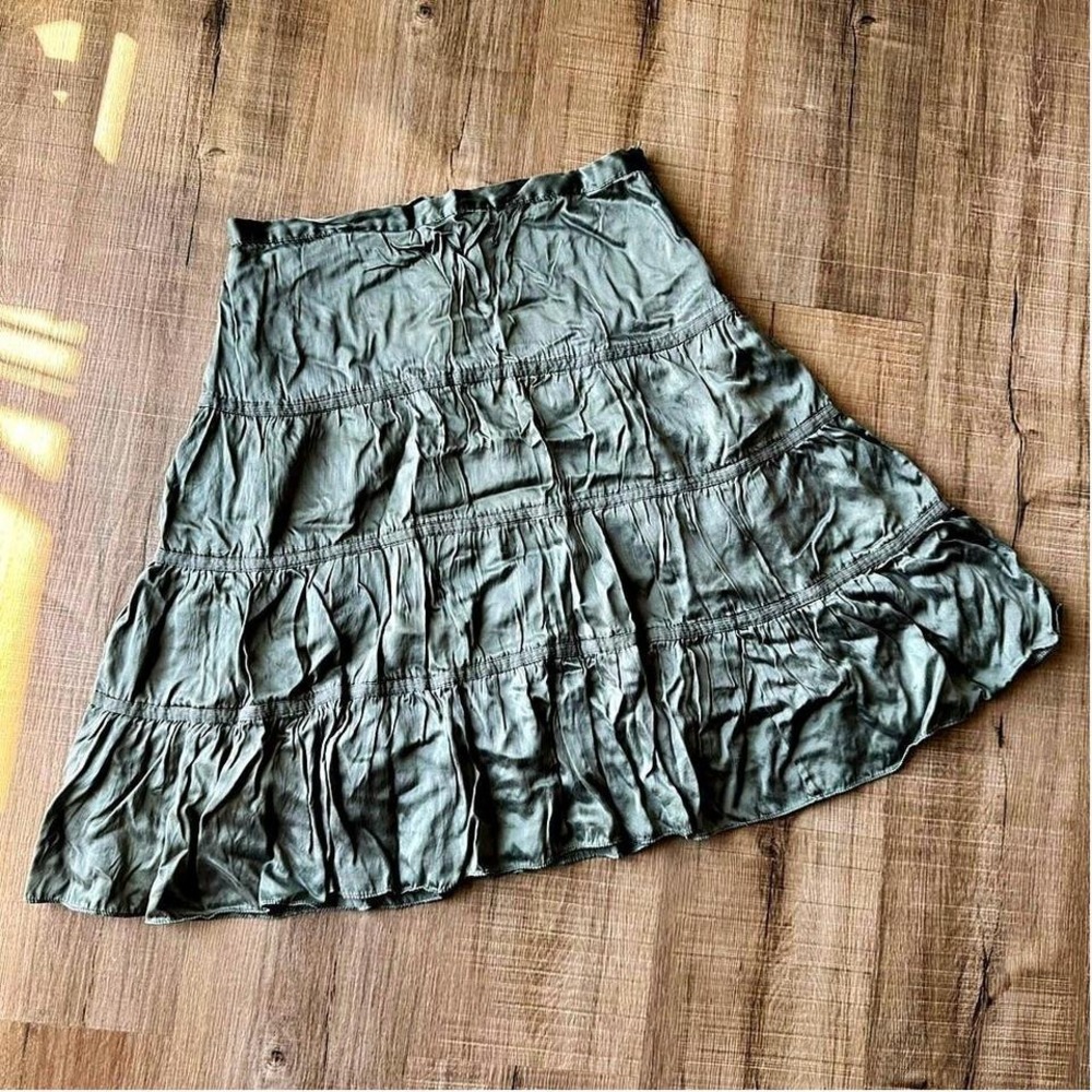 Y2K Silk Tiered Midi Skirt Women's Size 6 Warehouse Green Hippie Fairy Indie